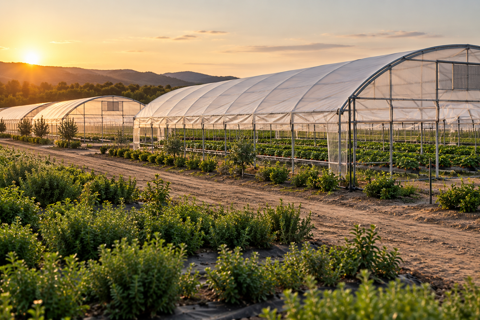 LongJohn Farms greenhouses glowing at sunrise across the growing estate