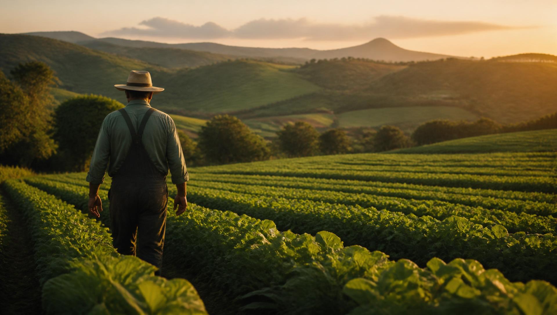 Farmer walking through lush green crop fields at golden hour