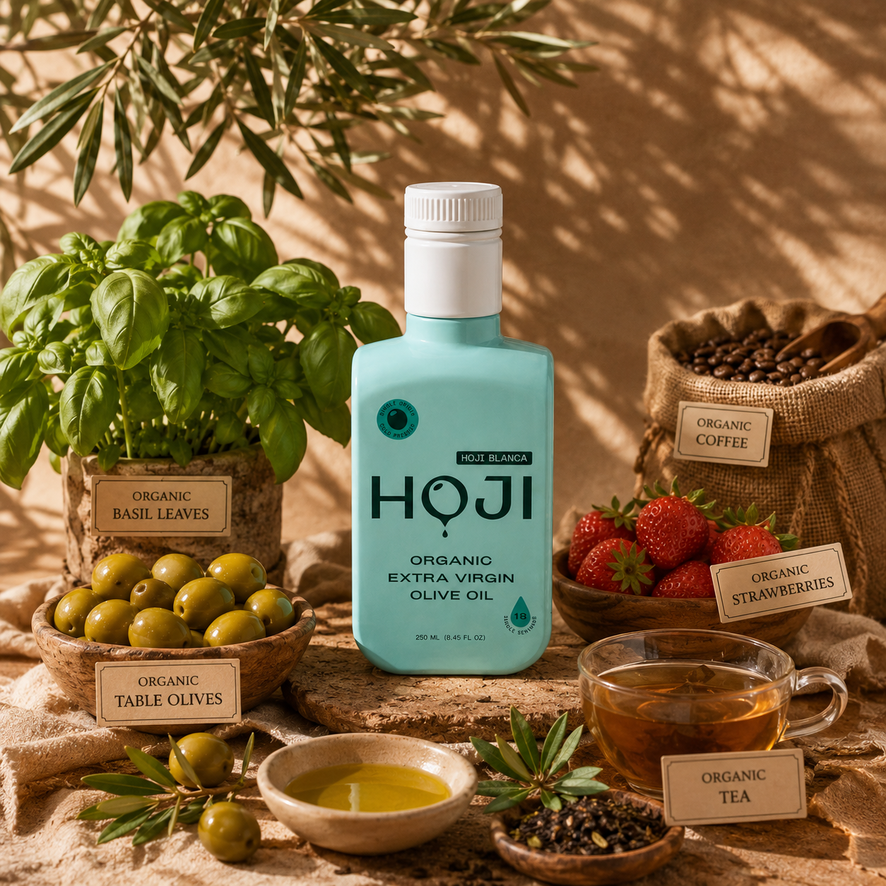 HOJI organic extra virgin olive oil with basil, olives, strawberries, coffee and tea on a warm linen surface