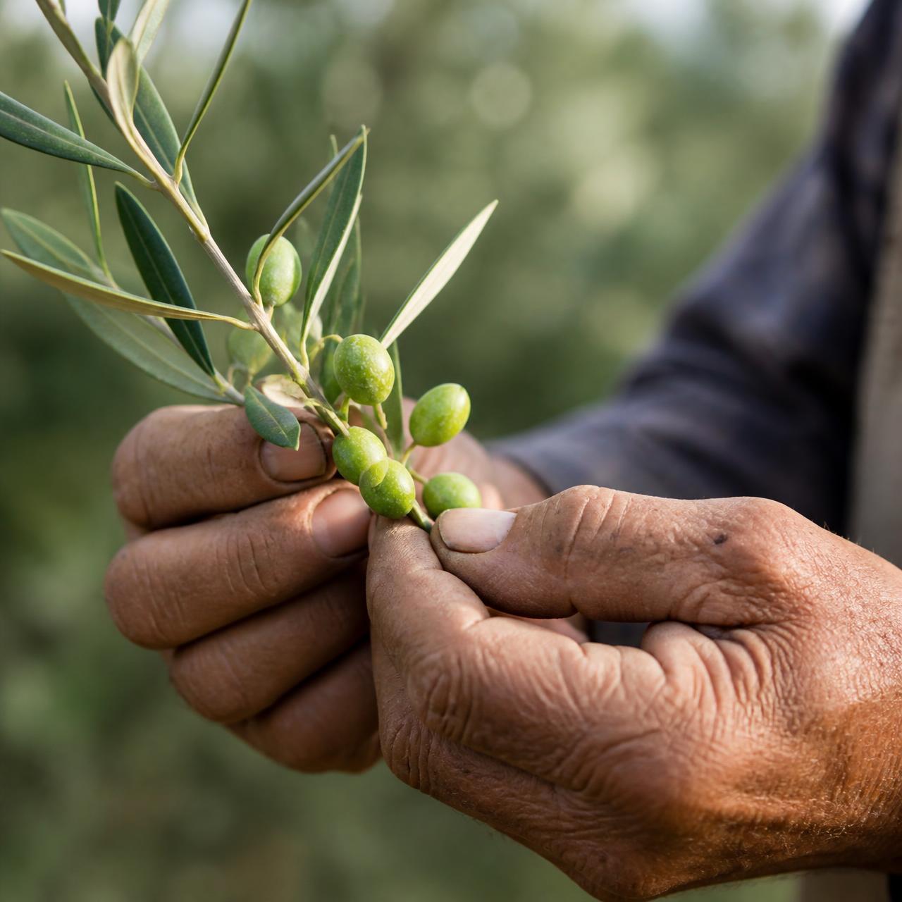 Farmer's hands holding a fresh olive branch