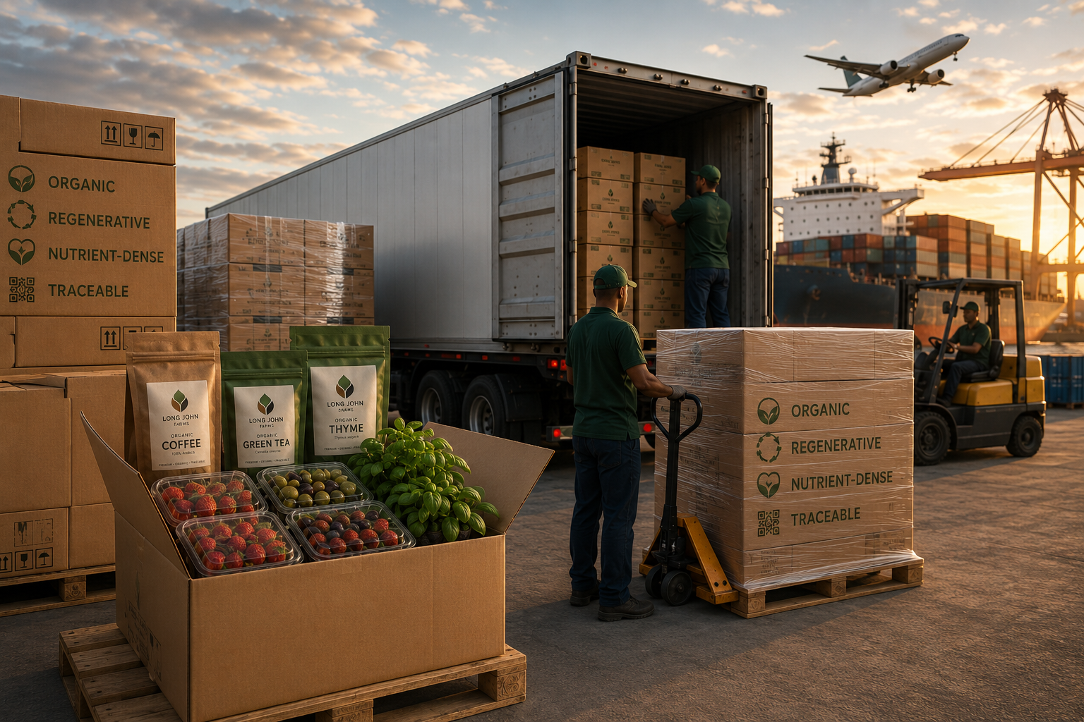 Air cargo and refrigerated trucks loading fresh produce at sunset