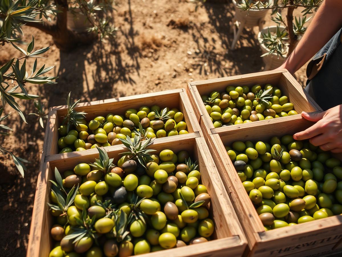 Harvested olives in wooden crates